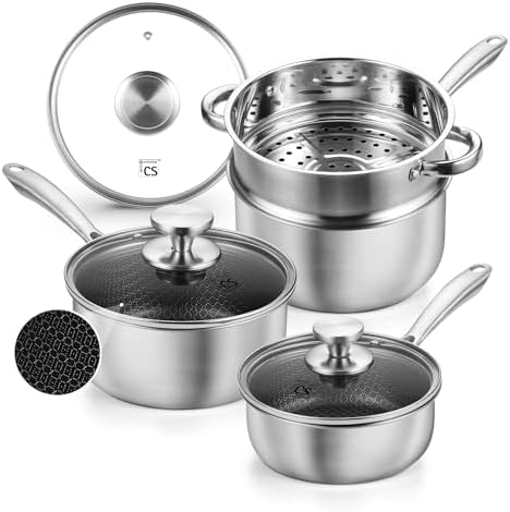 KOCH SYSTEME CS Hybrid Nonstick Stainless Steel Saucepan Set with Steamer Insert, 7PCS Triply Stainless Steel Pot Set 1Qt, 2Qt & 3Qt, 18/10 Steel Sauce Pan Set with Lids, Induction & Oven Safe