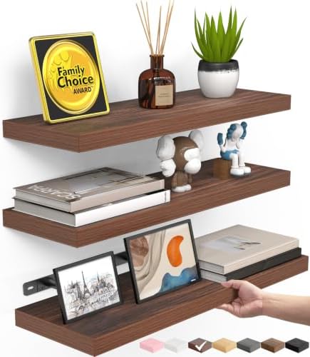 BAYKA Walnut-Like Floating Shelves 15.7in, 3 Pack, Wall Mounted Wall Decor