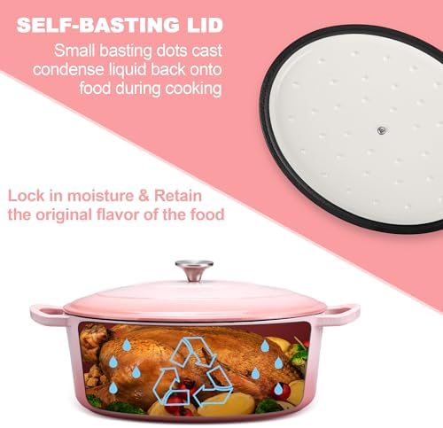E-far 5QT Oval Dutch Oven Pot with Lid, Pink Enameled Cast Iron Dutch Oven