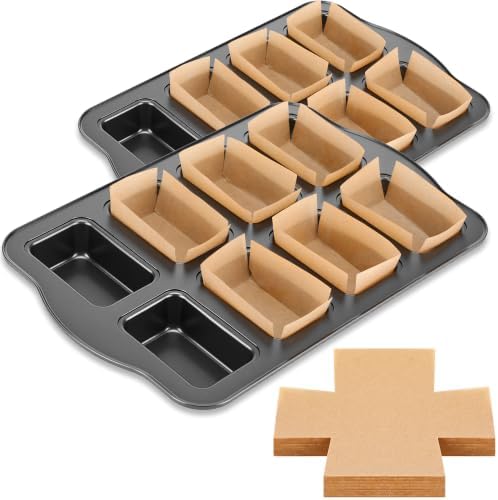 2 Pack Mini Loaf Baking Pans, Nonstick Rectangular Cake Baking Pans Black Carbon Steel Bakeware Set with 400 Sheets Cross Cut Parchment Paper, Heavy Duty Brownie Lasagna Bread Pan for Oven