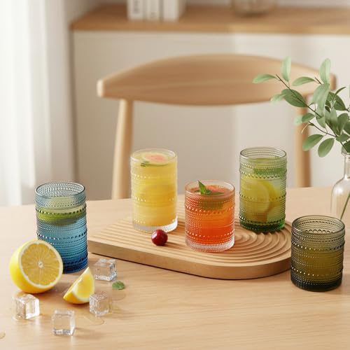 Moretoes 12 Oz Green Hobnail Drinking Glasses Set of 6 Water Glass Cups