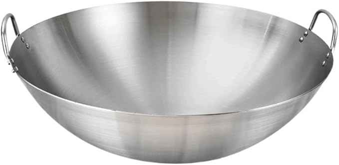 Tofficu Stainless Steel Wok 12 Inch Double Handle Round Bottom Frying Pan for Stir Fry Cooking Chinese Kitchen Use