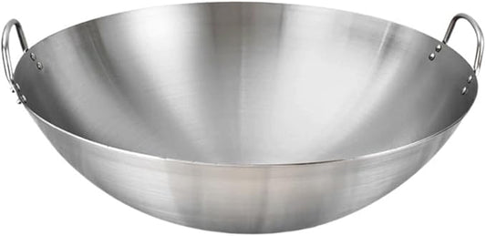 Tofficu Stainless Steel Wok 12 Inch Double Handle Round Bottom Frying Pan for Stir Fry Cooking Chinese Kitchen Use