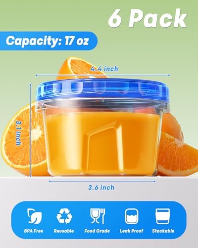 BiuLeon 6 Pack-17oz Freezer Storage Containers, Plastic Food Storage Containers with Twist Top Lids, BPA Free and Reusable Soup Containers with Lid, Microwave and Dishwasher Safe