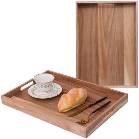 Wooden Serving Tray with Handles (17 Inches) – Decorative Serving Trays Platter for Breakfast in Bed, Lunch, Dinner,Ottoman, Appetizers, Patio, BBQ,Coffee Table, Party (Acacia)