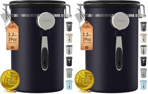 Veken Coffee Canister,39OZ, 2.2lbs,Large Airtight Stainless Steel Container Kitchen Food Storage Jars for Beans,Ground, Espresso, Rice,Tea, Sugar, Cereal, Gifts, Date Tracker, Scoop, Black (Pack of 2)