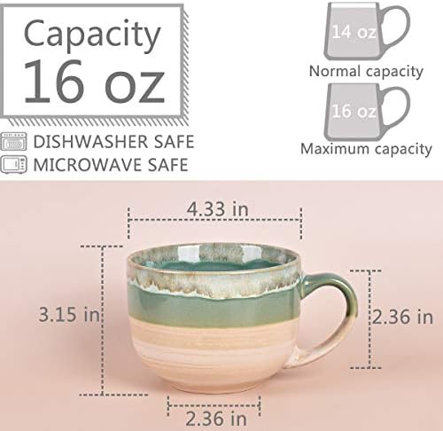 Bosmarlin Large Ceramic Coffee Mug Set of 2, Stoneware Jumbo Latte Mugs for Office and Home, 16 Oz, Dishwasher and Microwave Safe(Green, 2)