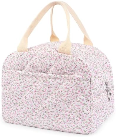 Cotton Quilted Insulated Lunch Bag, Reusable Quilted Floral Lunch Tote Bags