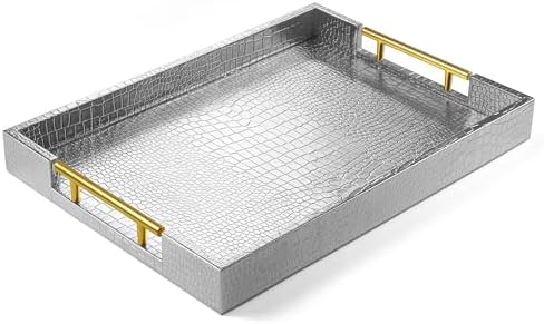ATZYmolin 17"x12" Leather Serving Tray, Gold Handle Vanity Platter, Silvery