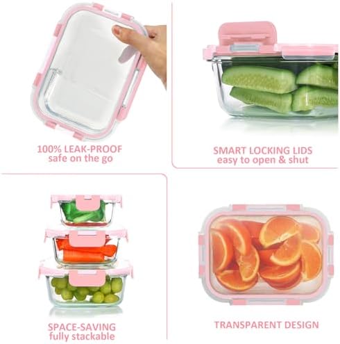 KOMUEE 24 Pieces Glass Food Storage Containers Set, Pink