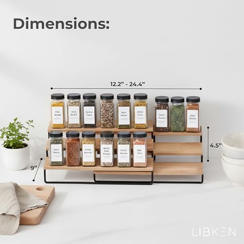 LIBKEN Tiered Spice Rack Organizer – Wood & Metal Countertop & Cabinet Spice Stand, Strong & Sturdy 3-Tier Shelf for Kitchen, Pantry, Seasoning Bottles – Minimal Scandinavian Design - Wood Brown