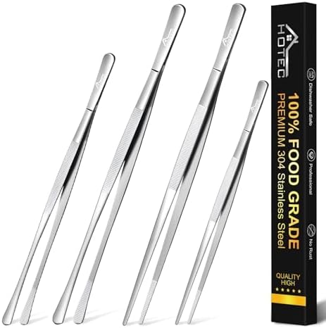 HOTEC Kitchen Tweezers Stainless Steel Cooking Tweezers 4 Pcs-10" and 12"