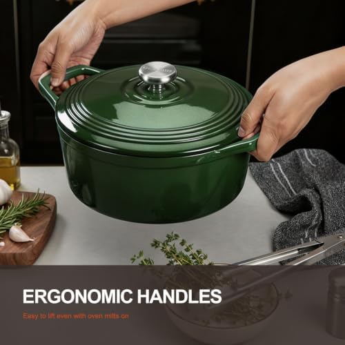 Overmont Enameled Cast Iron Dutch Oven - 5.5QT Pot with Lid Cookbook & Cotton Potholders - Heavy-Duty Cookware for Braising, Stews, Roasting, Bread Baking Bamboo Shadow