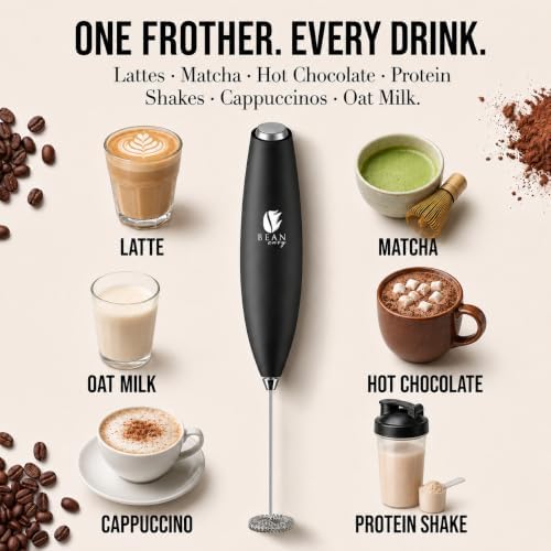 Bean Envy Milk Frother Handheld - Coffee Mixer Wand with Stand - Black