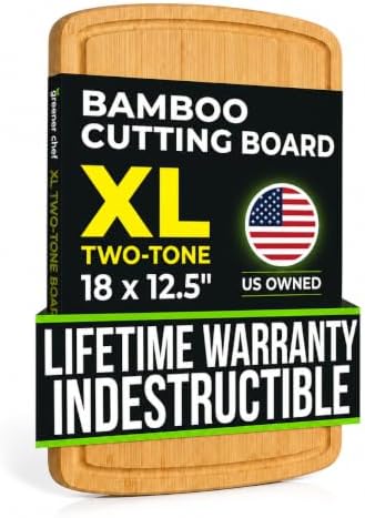 INDESTRUCTIBLE 18 Inch Extra Large Bamboo Cutting Board with Lifetime Replacements - Organic Wooden Butcher Block, XL Chopping Board for Kitchen, Meat, Vegetables, and Food Prep