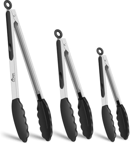 HOTEC Premium Stainless Steel Locking Kitchen Tongs with Silicon Tips, Heat Resistant Cooking Tongs Set of 3-7", 9" and 12", Black