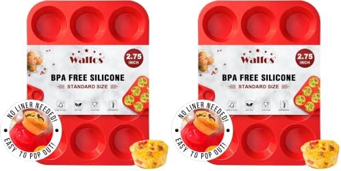 Walfos Silicone Muffin Pan - 12 Cups Regular Silicone Cupcake Pan, Non-stick Great for Making Muffin Cakes, Tart, Bread - BPA Free and Dishwasher Safe (Pack of 2)