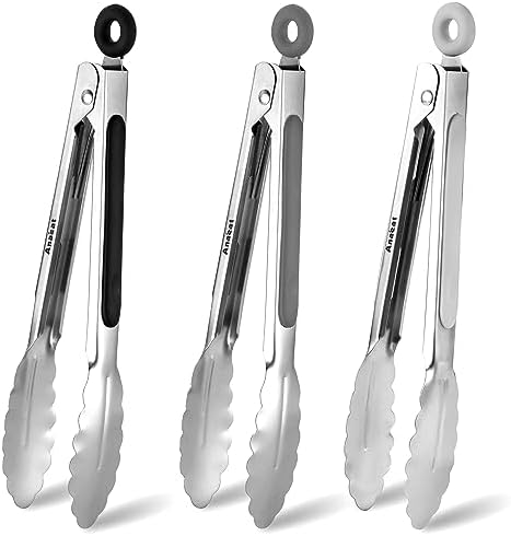 Anaeat 3 Pack 7" Mini Stainless Steel Locking Tongs - Sturdy Coiled Spring Kitchen Food Tong with Non-Slip Silicone Tips and Grip for Serving, Cooking, Baking and BBQ - Heat Resistant Metal Tongs