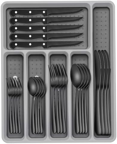 49-Piece Black Silverware Set with Organizer, Heavy Duty Stainless Steel Flatware for 8, Cutlery Utensil Sets with Steak Knives, Rust-proof, Mirror Polished, Dishwasher Safe, Black Heavy Duty
