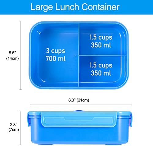 Caperci Classic Bento Lunch Box for Adult & Older Kids - Leakpoof 47 oz 3-Compartment Lunch Containers for Adults and Teens, Built-in Utensil Set, Ideal for On-the-Go, Blue