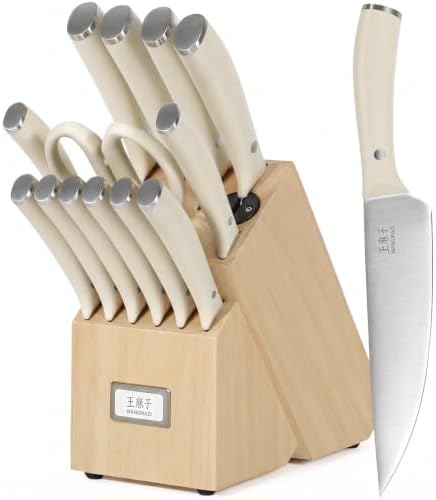 WANGMAZI 15-Pcs Knife Block Set, High Carbon Steel Ultra Sharp, Natural