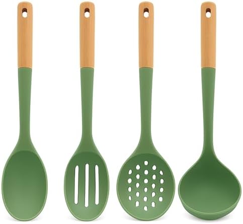 Beille 4pc Beech Wood and Silicone Kitchen Utensils Cooking Spoon Set Meal Prep Baking Supplies Home Essentials, Olive Green