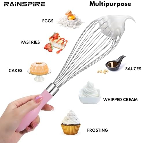 Rainspire 9" 10" 12" Wire Whisk Stainless Steel, Balloon Whisks for Cooking, Wisk Wisking Tool With Soft Silicone Handle, Thick Durable Whisker for Blending, Beating, Whisking, Stirring, Pink