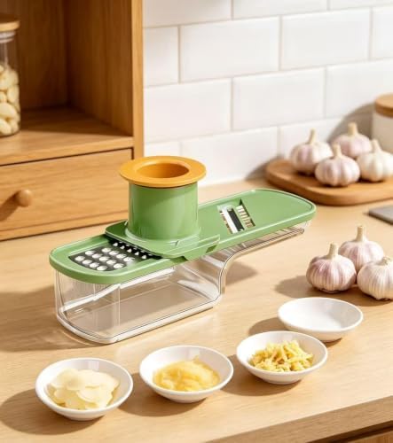 New Mini Garlic Slicer: 3 in 1 Multi-Functional Mandoline Slicer, Garlic Ginger Grinder & Veggie Shredder with Container and Hand Guard