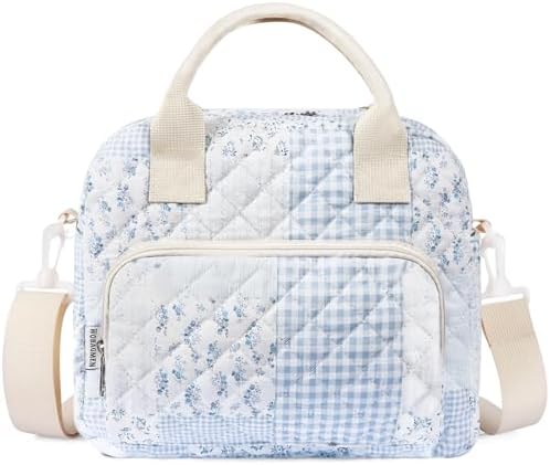 WOBAGMEN Quilted Lunch Box for Women, Insulated Lunch Bag for Adult,Cute Lunch Tote Bags for Work Picnic Travel(green blue pin,M)