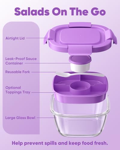 Canfanni Glass Salad Container, 56oz Bowl with Airtight Lids, Tray, Fork