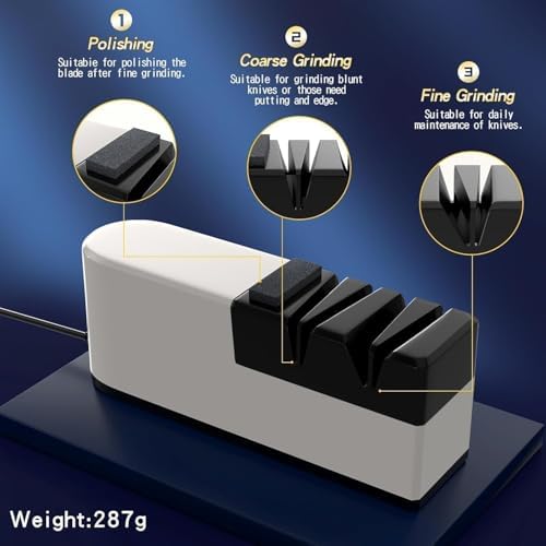 Electric knife sharpener, 5 in 1 knife sharpening system with straight blade, professional diamond knife sharpener FOR rough sharpening, repair and sharpening of knives (Light White)