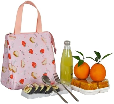 Remobia Hicol Insulated Lunch Bag for Women,Thermal Leakproof Lunch Tote with Pocket, Reusable Cooler Lunch Box for Work Office Travel (Strawberry Picnic Print)
