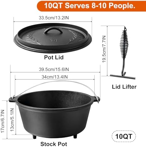 Pre-Seasoned 10QT Large Cast Iron Camping Dutch Oven Pot with Lid