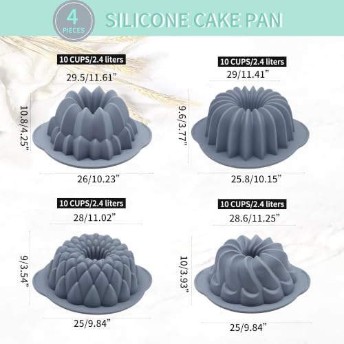 Tongjude 4 Pieces Silicone Cake Pan, Nonstick Silicone Cake Molds, Food Grade Silicone Bakeware for Jello, Cake, Pound Cake, Gelatin, Brownie and Bread, 10 Cups, Grey
