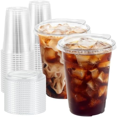 BYSNOW 100 Pack 16 oz Clear Plastic Cups with Sip Lids, Iced Coffee Cups