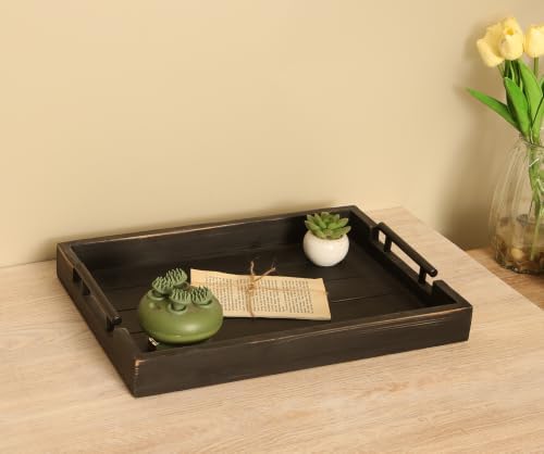 3Pc Rustic Black Vintage Nested Wood Serving Trays, Decorative