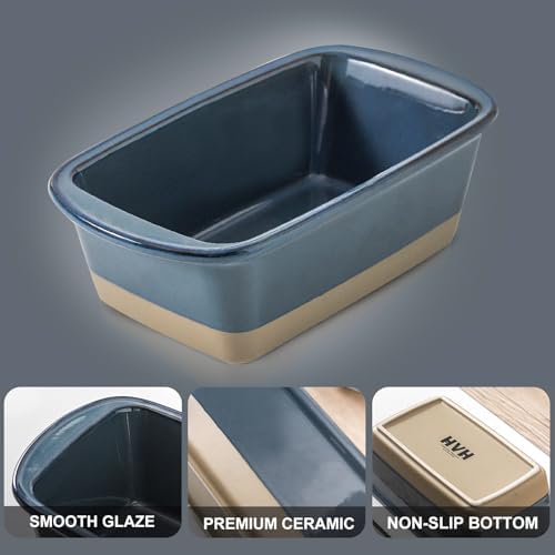 HVH Ceramic Loaf Pan for Baking Bread, 9 x 5 inch Baking Bread Loaf Pan, Rectangular Bread Pan, Bread Baking Pan for Cooking, Farmhouse Style (Blue)