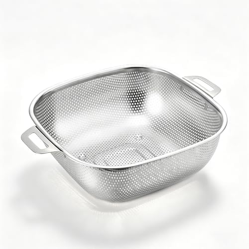 4QT stainless steel filter pot with handle - square metal kitchen filter, used for draining spaghetti and vegetables, microporous high foot, dishwasher washable, gift box packaging (4QT)