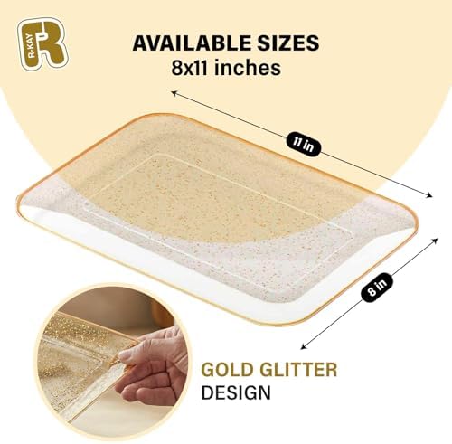 3 Pack Gold Glitter Plastic Serving Trays for Party - Gold Glittered Serving Tray 8 x 11 Inch - Heavy Duty Dessert Trays for Food - Rectangular Party Serving Trays for Entertaining