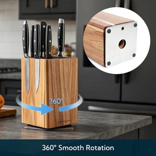 KITCHENDAO 360° Rotary Acacia Wood Magnetic Knife Block without Knives