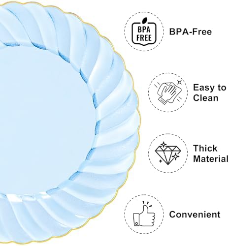 YOUBET 125PCS Clear Blue Gold Plastic Plates - Blue Disposable Plates With Gold Rim Include 25 Dinner Plates 25 Dessert Plates 75 Golden Silverwares for Wedding Birthday & Parties