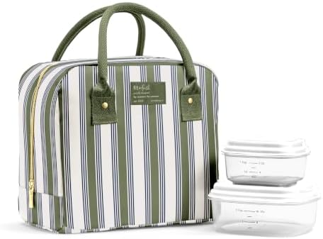 Fit & Fresh Bloomington Lunch Bag for Women - Insulated Large Lunch Box for Work with Containers, Leak-Resistant, Stain-Resistant, Zipper Closure, Ticking Stripe Olive