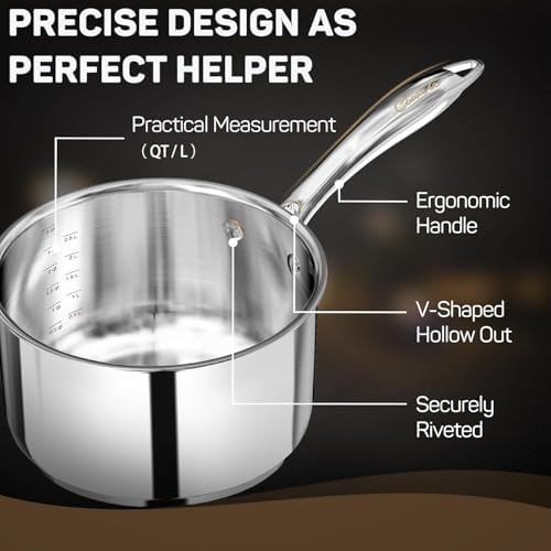 Ciwete 3 Qt Saucepan with Lid - Upgraded Package - 3 Quart 18/10 Stainless Steel Sauce Pan with Mirror Polishing and 2 Sacles, Induction Cookware, Small Pot for Cooking, Dishwasher Safe Oven Safe