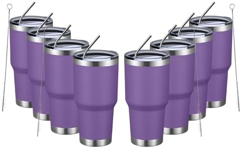 MEWAY 30oz Insulated Tumbler With Lids and Straws,Stainless Steel Double Vacuum Coffee Tumbler Cup, Brush, Durable Powder Coated Coffee Cup for Cold & Hot Drinks, Office, Travel(Purple,8 PACK)
