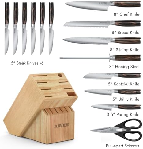 Yatoshi 15 Piece Knife Block Set - Pro Kitchen Knife Set Ultra Sharp High Carbon Stainless Steel with Ergonomic Handle