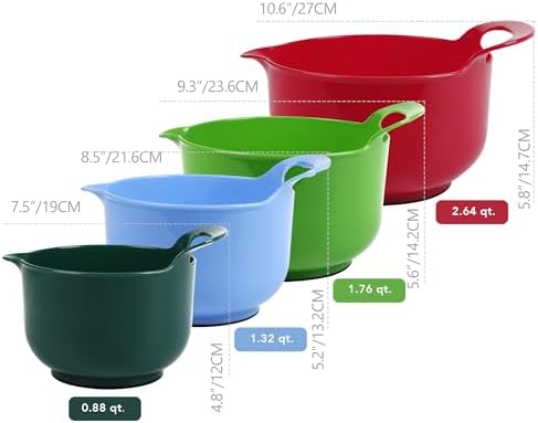 BoxedHome 4 Pack Nesting Mixing Bowl Christmas Set with Pour Spout and Handle, BPA free Microwave & Dishwasher Safe(Christmas colours, 4 Pack with Handle)