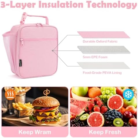 FlowFly Kids Lunch box Insulated Soft Bag Mini Cooler Back to School Thermal Meal Tote Kit for Girls, Boys, Pink