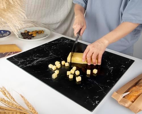 Kitchenville Glass Cutting Board 20”x16”: Tempered Glass Kitchen Counter Protector - Durable- Scratch-Resistant, Heat-Proof - Design 1 - Black Marble Effect