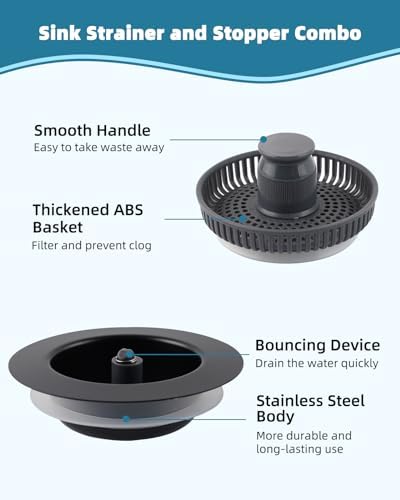 Universal 3 in 1 Kitchen Sink Drain Strainer Stopper Combo, Matte Black