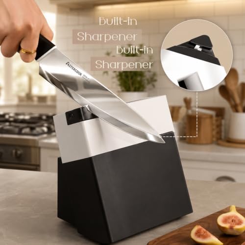 Astercook Knife Set, Kitchen Knives with Block and Sharpener 15 Pcs German Stainless Steel Sharp Blade Dishwasher Safe with Ergonomic Handle, Elegant Black